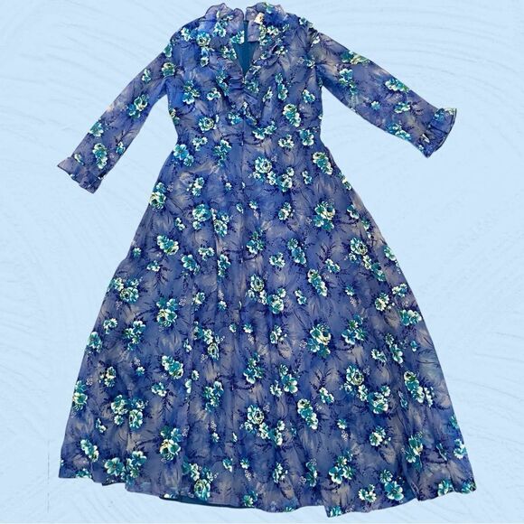 Vintage 60s Missy Matron Spi Bor maxi floral blue bell dress - Picture 9 of 13